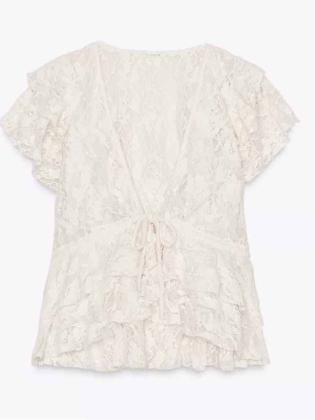 Zara Cream Lace Tie-Front Ruffle Blouse